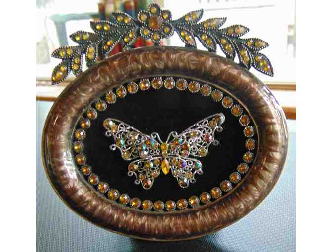 Beautiful Framed Rhinestone Butterfly made from Vintage Jewelry with Stand - Photo 1