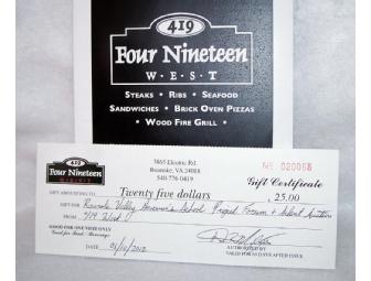 $25 419-West Restaurant Gift Certificate