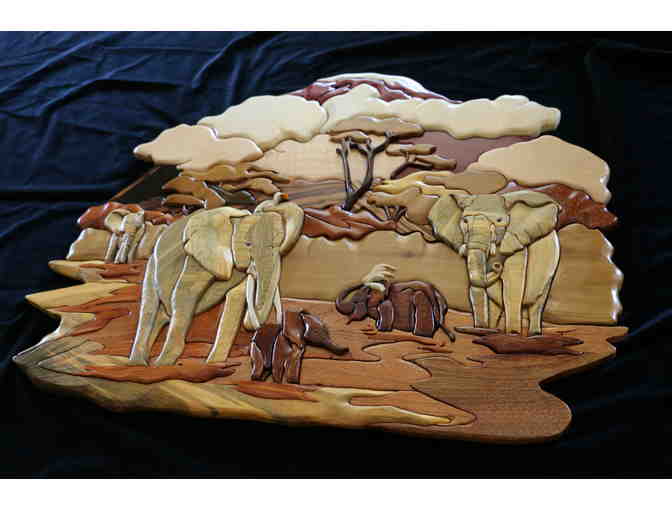 Hand Crafted Intarsia Wood Elephant Art