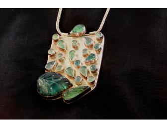 Sea Green Semi-precious Stone Drops and Leaf Sterling Silver Pendant Necklace on 18' Chain