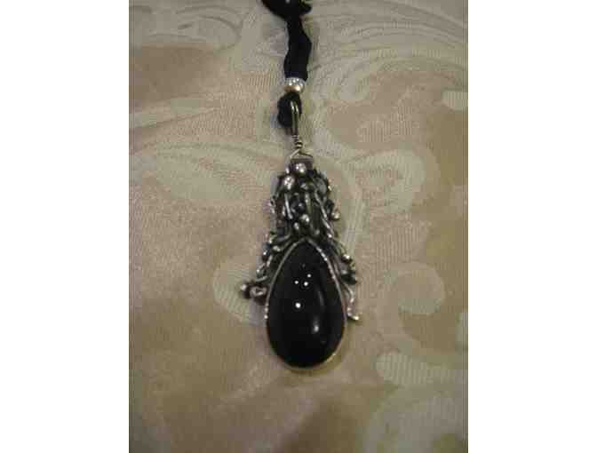 Necklace: Obsidian Pendant on Ribbon Scarf