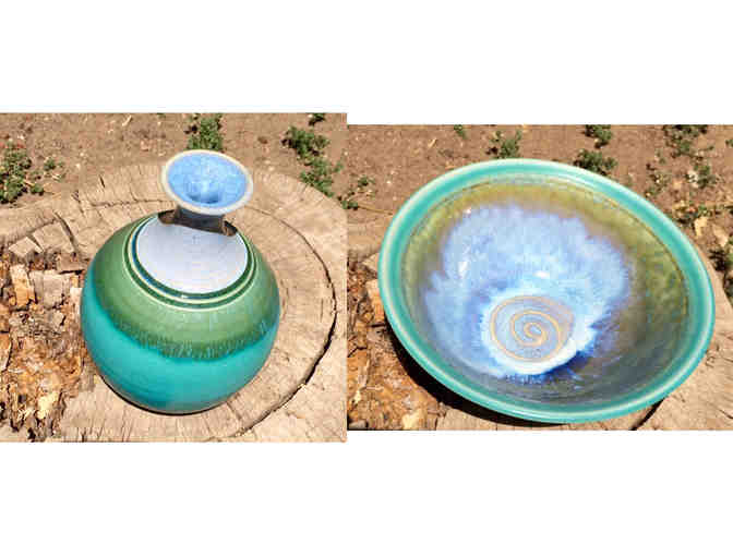 Handcrafted Azure Stoneware Vase and Bowl