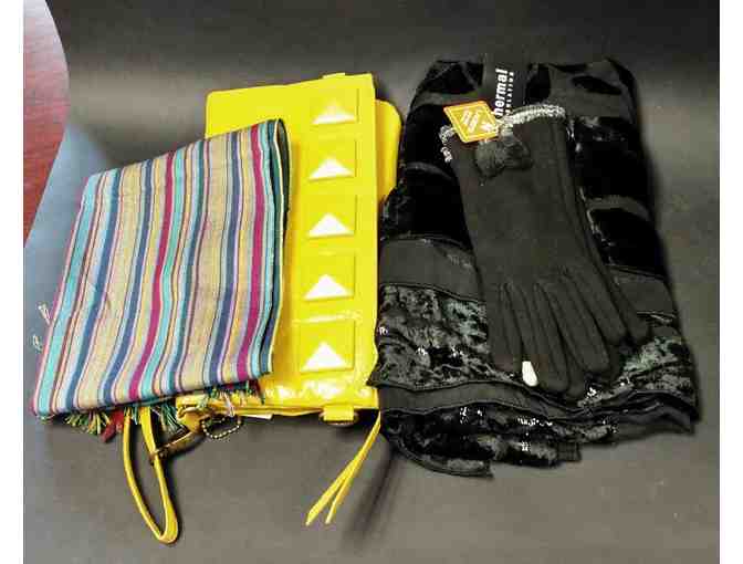 Nihao Yellow Clutch Bag, Designer Scarf & Gloves (Hillard's)  & $20 GC Inner Designs
