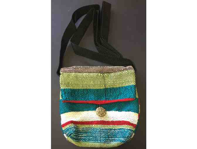 Handmade Saori Woven backpack, purse and pillow made by SCARC individuals