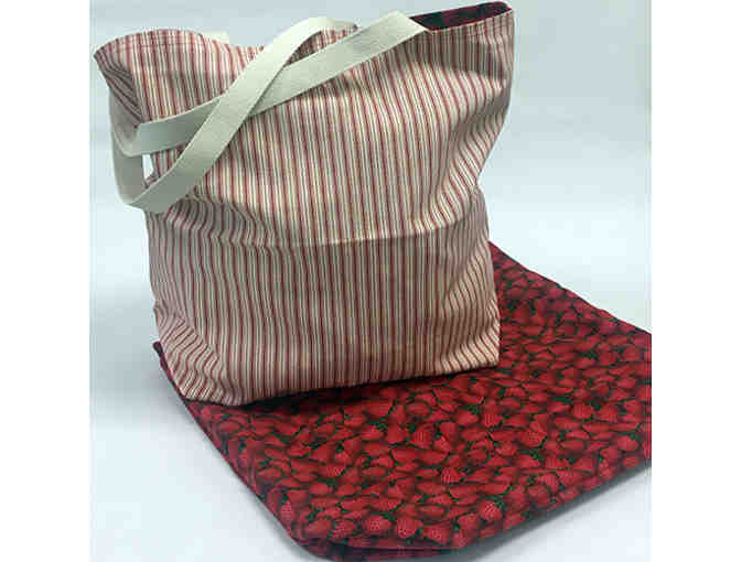 Stripes & Strawberries Tote Bag - Handmade & Reversible!