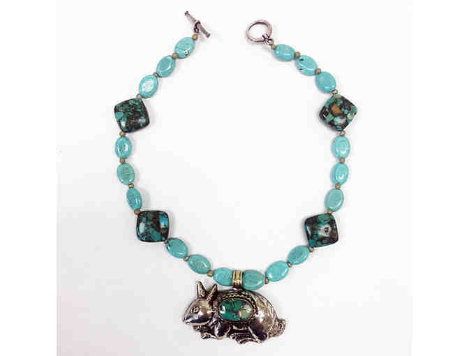 Turquoise Bead Necklace with Silver Rabbit Pendant