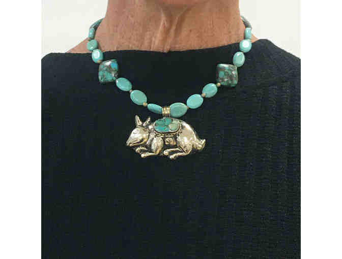 Turquoise Bead Necklace with Silver Rabbit Pendant