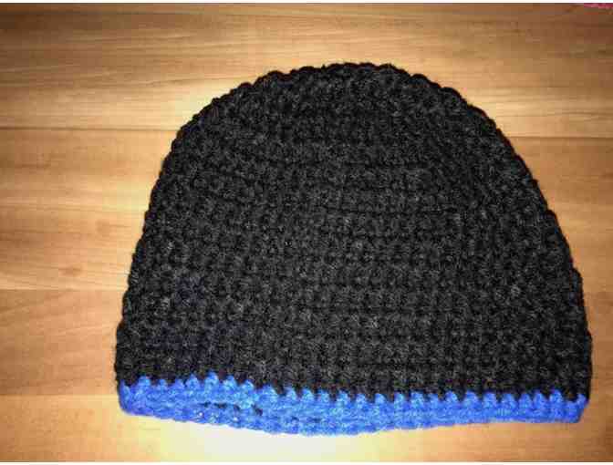 One Hand Crocheted Child's Hat *Black With Blue Trim *Made in Starksboro! - Photo 1