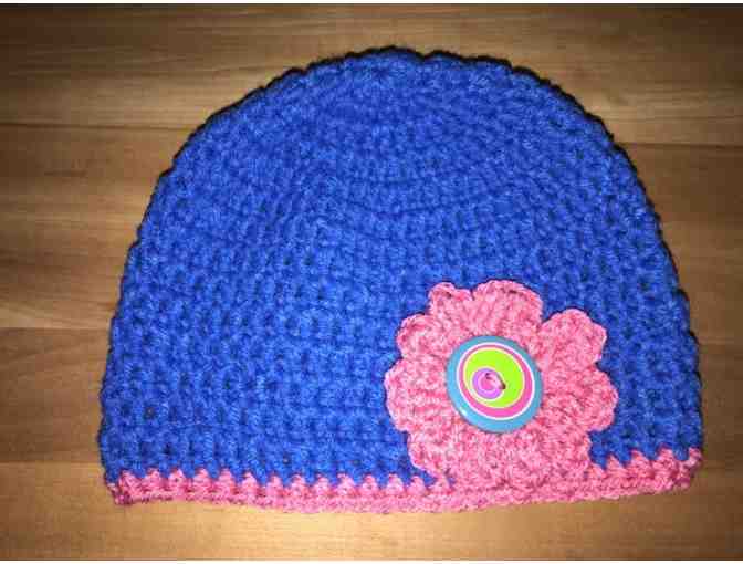 One Hand Crocheted Child's Hat - Blue With Pink Flower *Made in Starksboro! - Photo 1