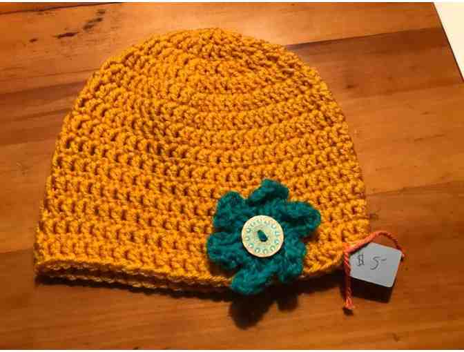 One Hand Crocheted Child's Hat *Gold with Turquoise Trim *Made in Starksboro!