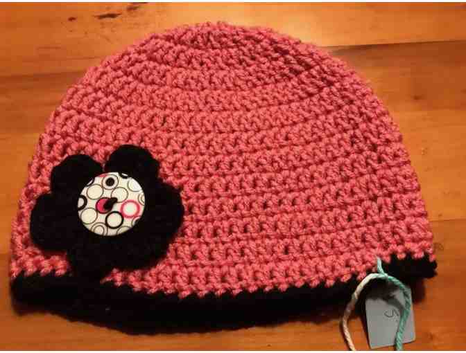 One Hand Crocheted Child's Hat *Pink With Black Trim *Made in Starksboro!