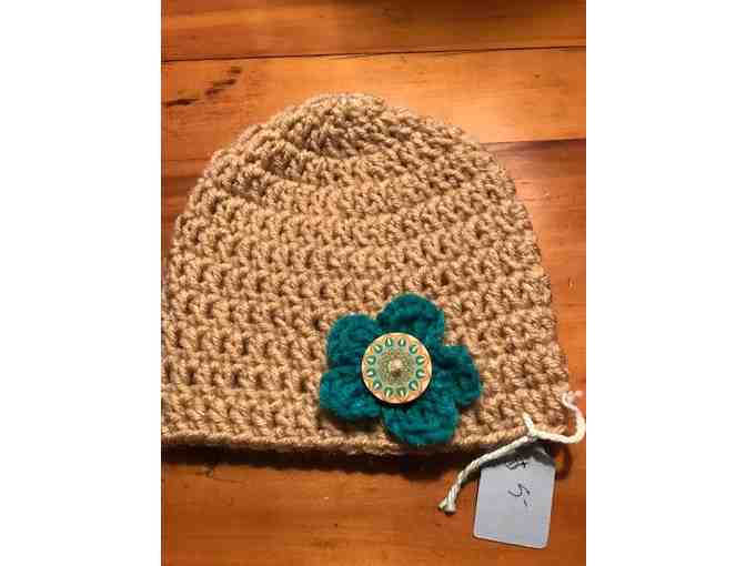 One TINY Hand Crocheted Child's Hat *Beige with Turquoise Accent *Made in Starksboro!