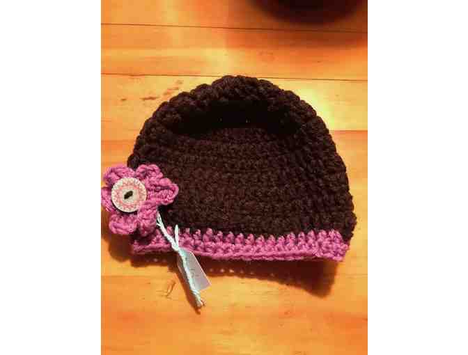 One TINY Hand Crocheted Child's Hat *Brown with Pink Trim *Made in Starksboro!