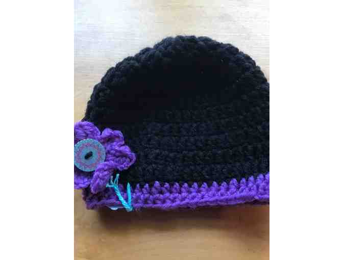 One TINY Hand Crocheted Child's Hat *Black with Purple Accents *Made in Starksboro!