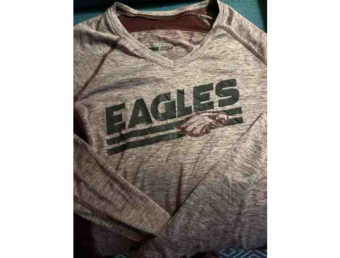 From INSTITCHES Embroidery and More: Ladies Maroon V-Neck Eagle Workout Shirt *Keep Cool! - Photo 1