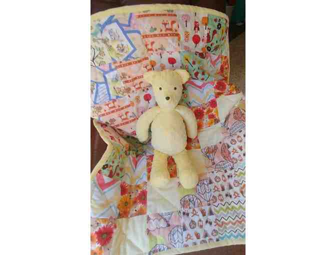 Handmade Baby Quilt, Snuggle Bear, Books, and Wooden Diaper Box