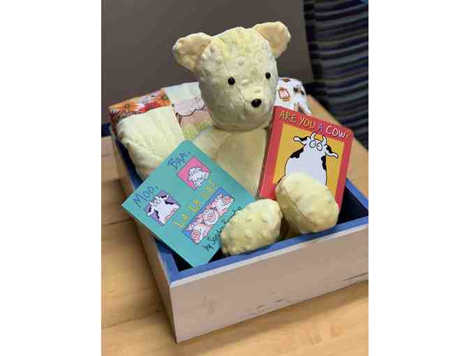 Handmade Baby Quilt, Snuggle Bear, Books, and Wooden Diaper Box