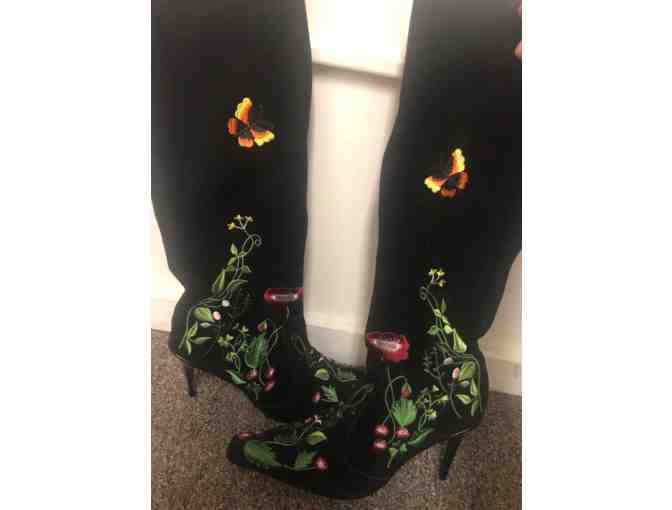 Black Leather Embroidered High Heel Boots - Size 9
