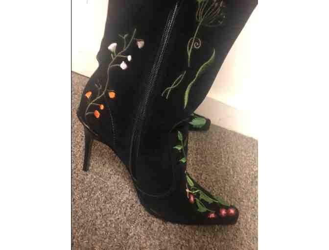 Black Leather Embroidered High Heel Boots - Size 9
