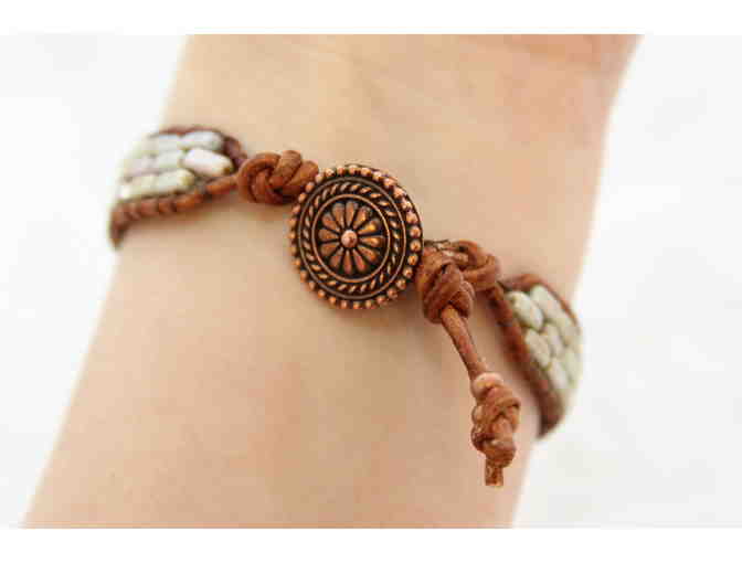 Brown Leather and Green Bead Bracelet
