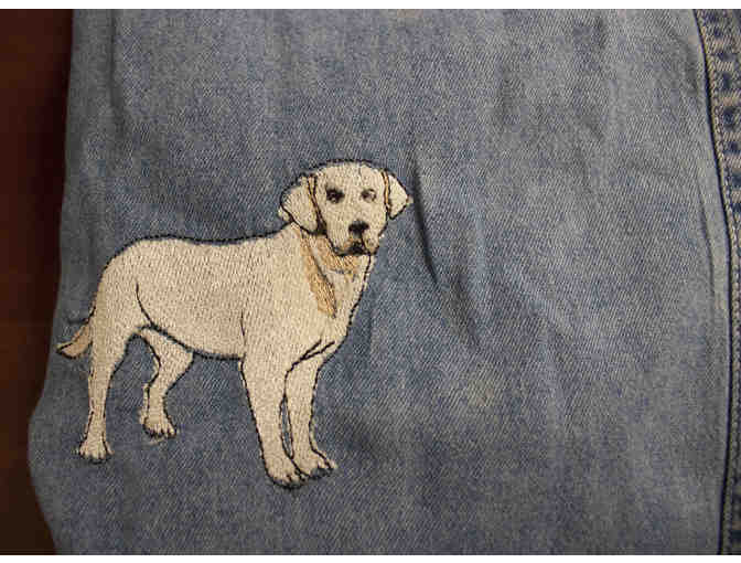 Short Sleeve Denim Button Down Shirt with Embroidered Yellow Labrador