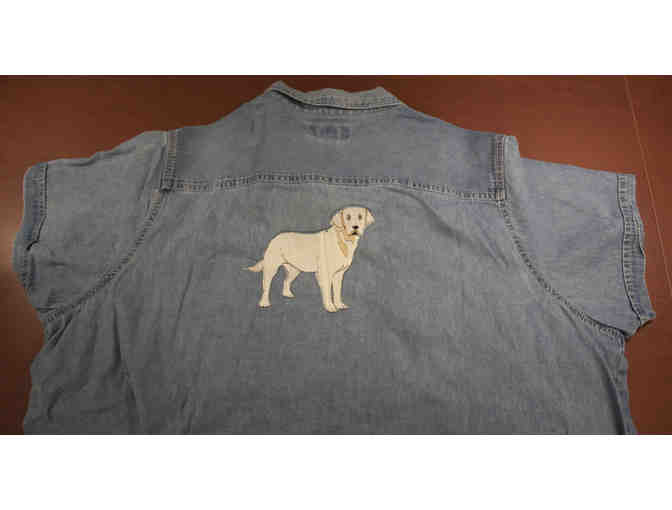 Short Sleeve Denim Button Down Shirt with Embroidered Yellow Labrador