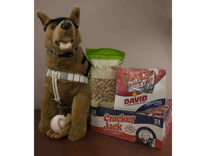 Babe the Plush German Shepherd in NY Yankee Themed Harness with Ball Park Goodies