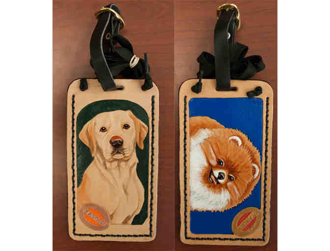 Custom-made Leather Baggage Tag/Badge Holder with Hand-Tooled Pet Portrait