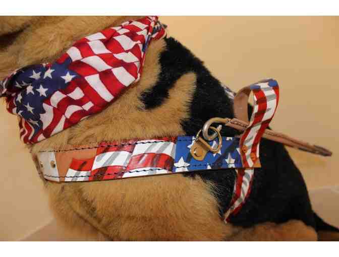 German Shepherd in American Flag Harness & Bandanna