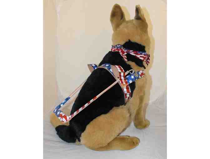 German Shepherd in American Flag Harness & Bandanna