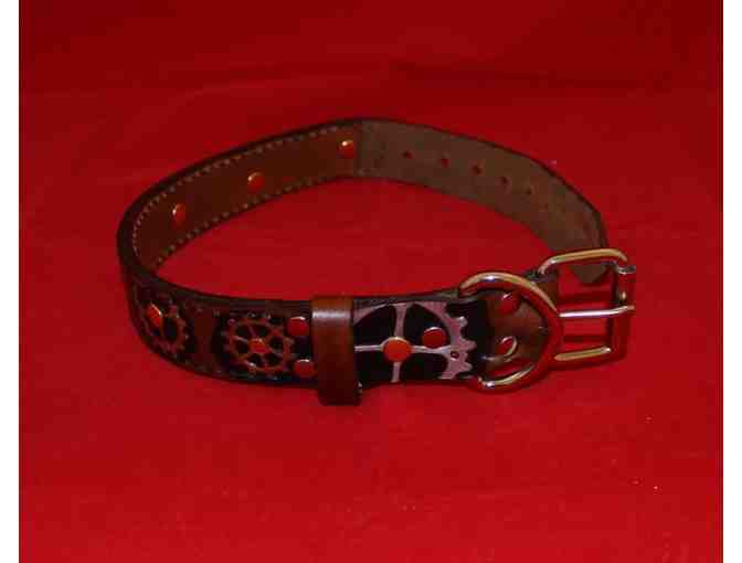 Large Gear Themed Leather Dog Collar