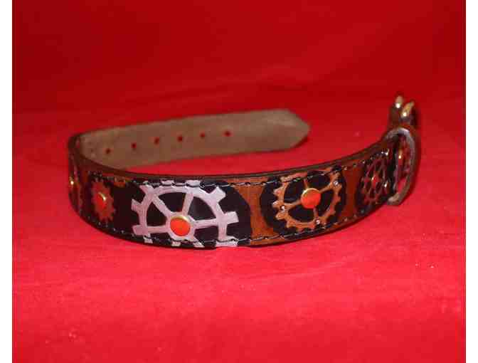 Large Gear Themed Leather Dog Collar