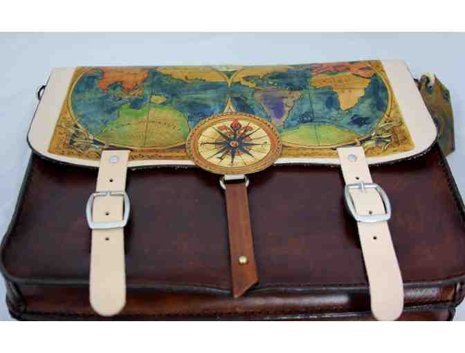 Leather Attache Case with Vintage Map of the World and Compass