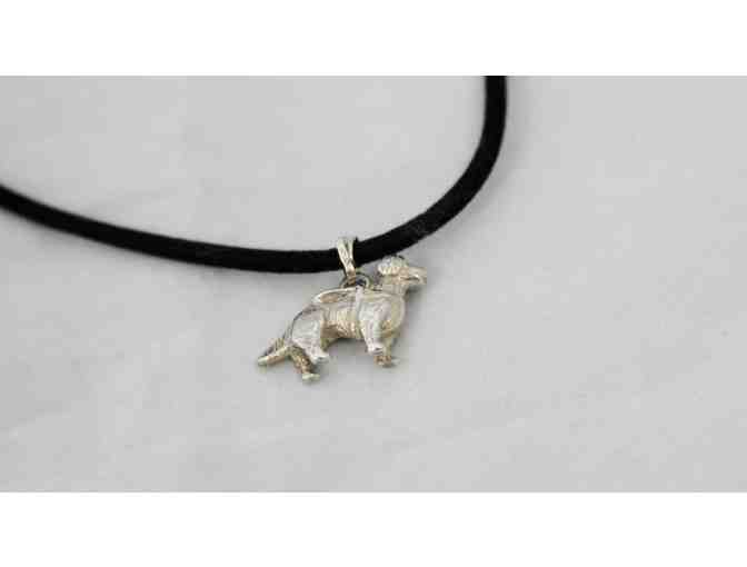 Silver Golden Retriever in Harness Pendant on a Black Rope Chain