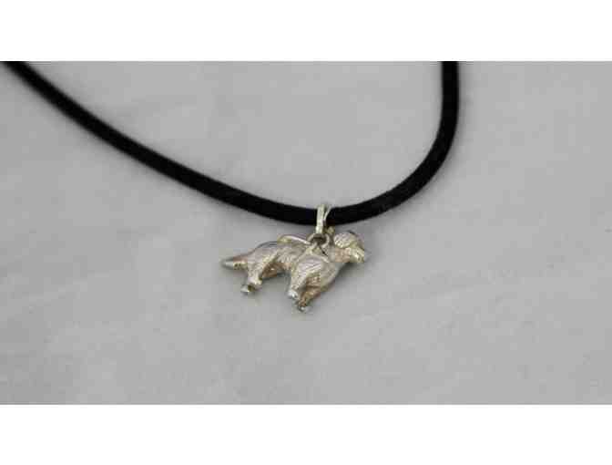 Silver Golden Retriever in Harness Pendant on a Black Rope Chain