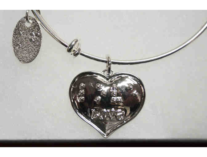 Silver-Plated Braille Love Heart Expandable Bangle