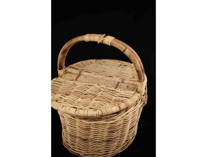 Double Sided Wicker Picnic Basket with wine glasses, blanket, toys, etc