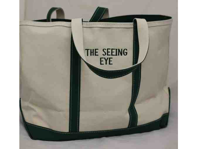 LL Bean Canvas Tote Embroidered with The Seeing Eye Filled with Dog Treats