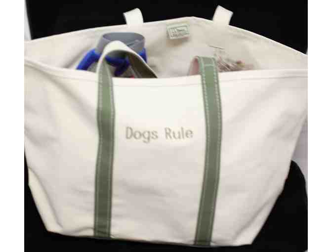 LL Bean Canvas Tote Embroidered with DOGS RULE and Filled with Dog Goodies