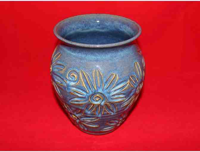 Blue Stoneware Vase with Carved Flowers
