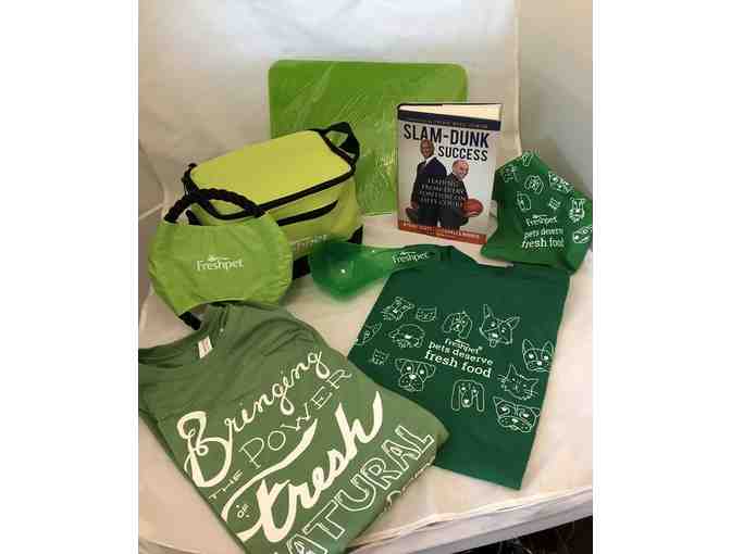 Freshpet insulated bag, T-shirt, Bandana, Dog Toy and Slam Dunk Success Book