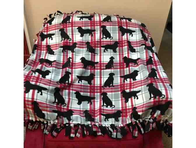 Black, White and Red Plaid Fleece Throw with Dogs