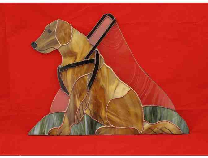 Stained glass Seeing Eye Golden Retriever in Harness