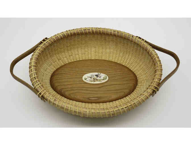 Hand Woven Basket with Wood Base and 3 Dogs Etched Scrimshaw