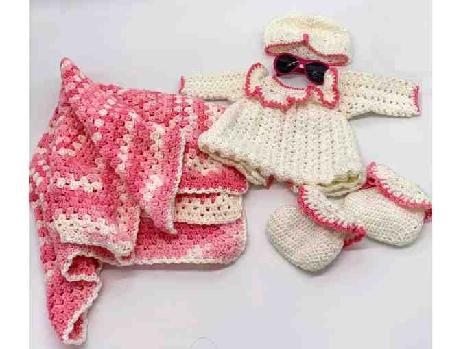 Handmade Crocheted Layette Set in Pink & White with Pink Babiator Sunglasses