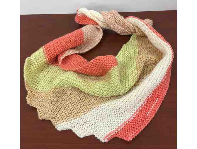 Hand-knitted Zigzag Scarf In Coral, Cream, Yellow And Beige