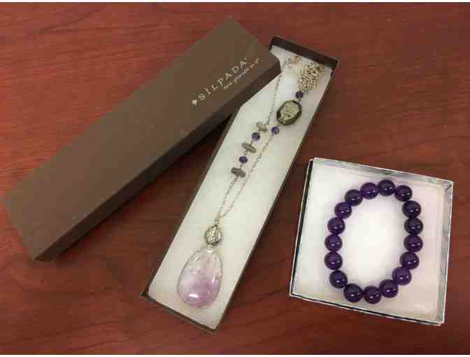 Amethyst Stone and Mixed Bead Pendant & Genuine Natural Amethyst Stretch Bracelet