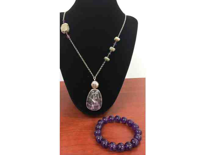 Amethyst Stone and Mixed Bead Pendant & Genuine Natural Amethyst Stretch Bracelet