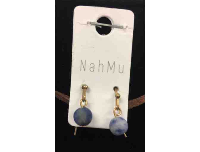 Round Gold Tone with Blue Bead Necklace and Earrings by NahMu