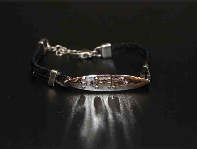 Silver-Plated Braille 'Love' Plaquette on black leather bracelet